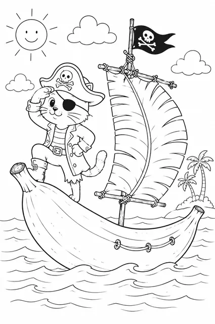 Piraten-Katze schippert auf einem Bananenschiff