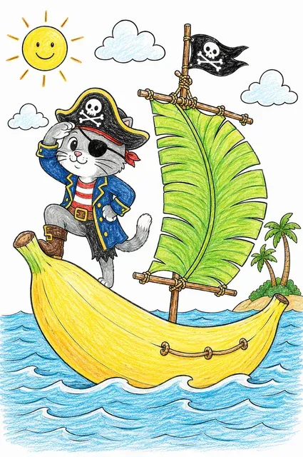 Ausmalbild: Piraten-Katze mit Dreispitz navigiert auf riesiger Banane als Segelschiff