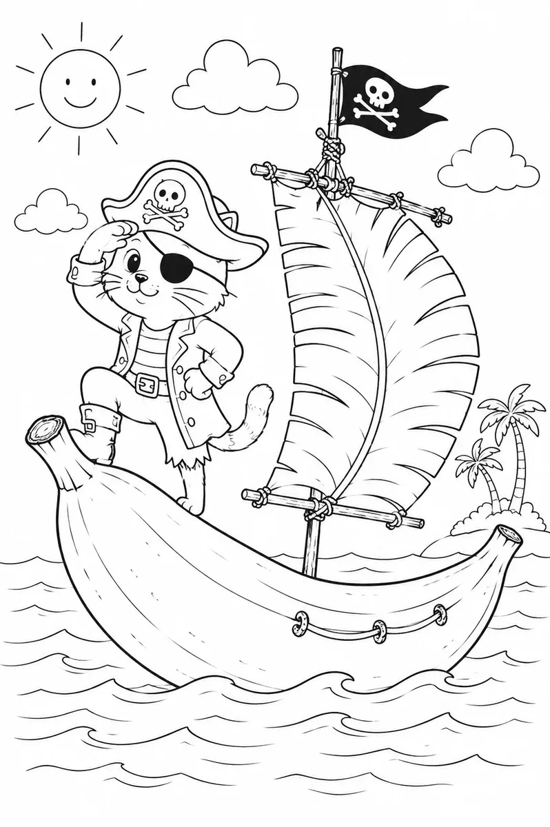 Ausmalbild: Piraten-Katze mit Dreispitz navigiert auf riesiger Banane als Segelschiff