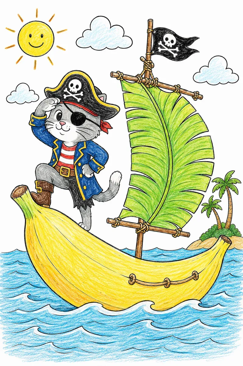 Piraten-Katze schippert auf einem Bananenschiff