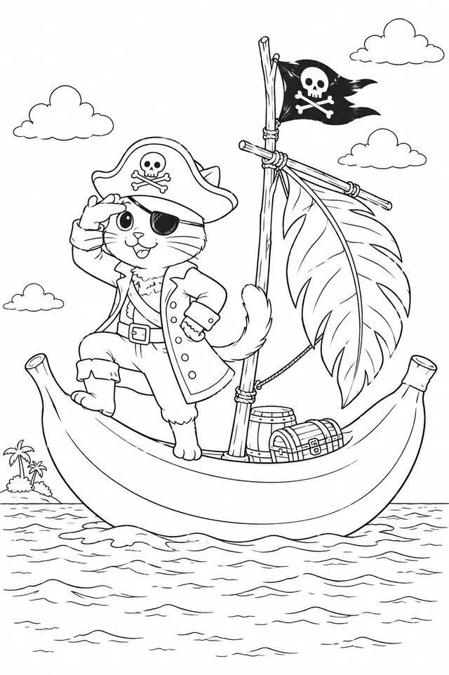 Piraten-Katze schippert auf einem Bananenschiff