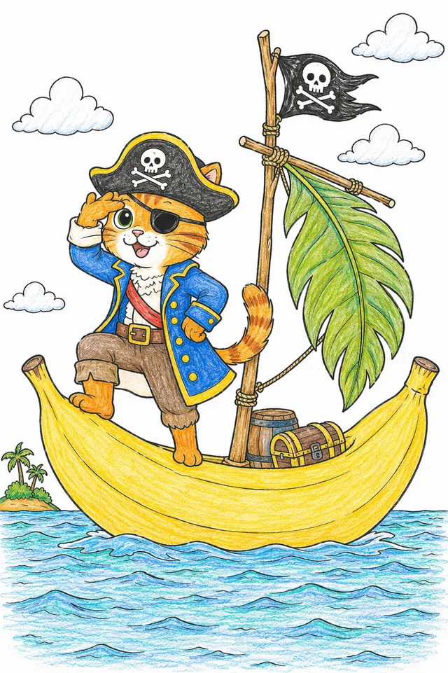 Ausmalbild: Piraten-Katze mit Dreispitz navigiert auf riesiger Banane als Segelschiff