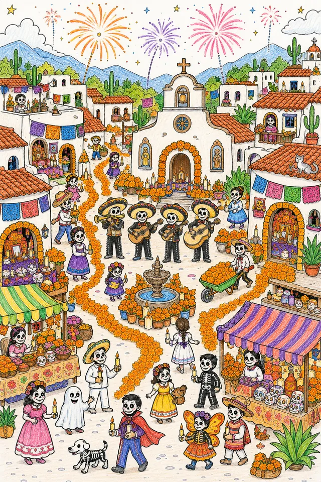 Ausmalbild: Mexikanisches Pueblo-Dorf mit Día de los Muertos Feierlichkeiten aus der Vogelperspektive