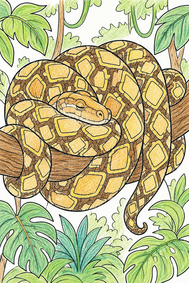 Ausmalbild: Riesenpython mit Netzmuster liegt in Schlaufe um Dschungelliane gewickelt