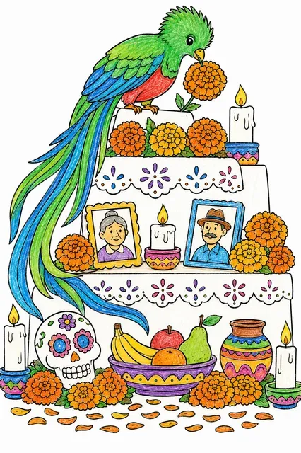 Ausmalbild: Prachtvoller Quetzal sitzt auf Ofrenda-Altar und legt Ringelblume ab