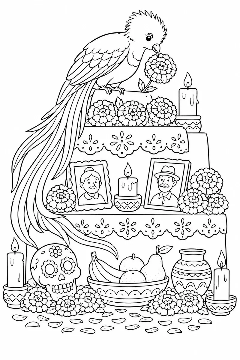 Ausmalbild: Prachtvoller Quetzal sitzt auf Ofrenda-Altar und legt Ringelblume ab