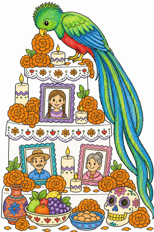 Ausmalbild: Prachtvoller Quetzal sitzt auf Ofrenda-Altar und legt Ringelblume ab