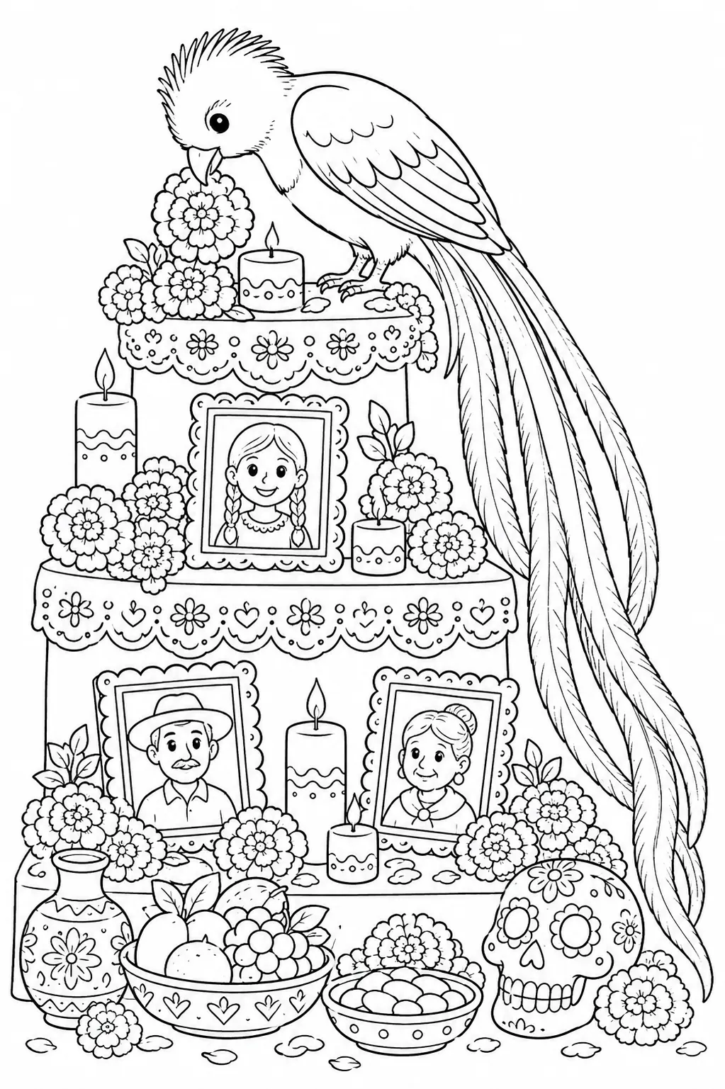 Ausmalbild: Prachtvoller Quetzal sitzt auf Ofrenda-Altar und legt Ringelblume ab