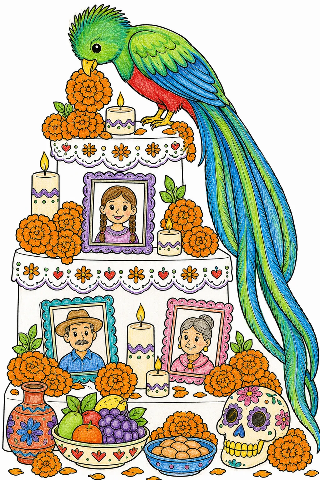 Quetzal-Vogel schmückt den Ofrenda-Altar
