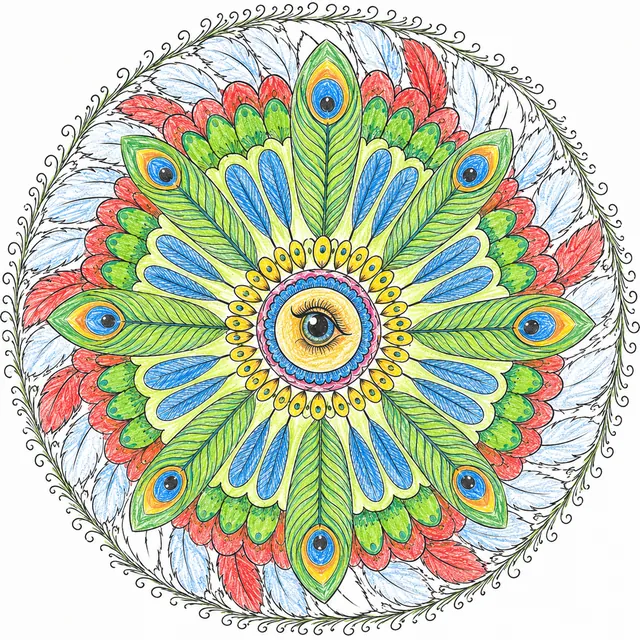 Ausmalbild: Rundes Quetzal-Feder-Mandala mit Vogelauge im Zentrum