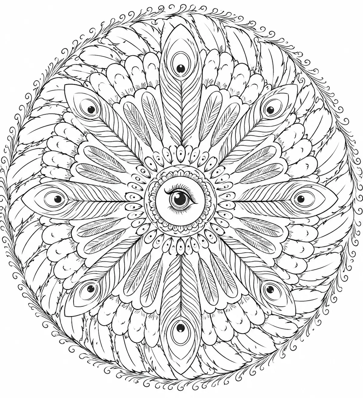 Ausmalbild: Rundes Quetzal-Feder-Mandala mit Vogelauge im Zentrum