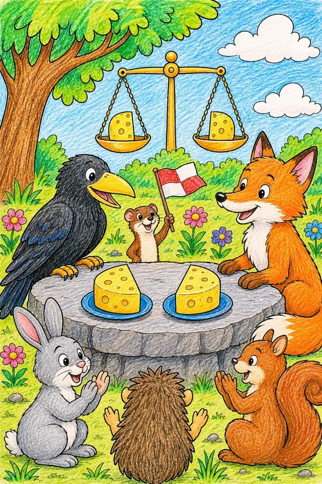 Ausmalbild: Rabe und Fuchs sitzen an einem Steinblock-Tisch und teilen einen Käse fair in zwei gleiche Hälften