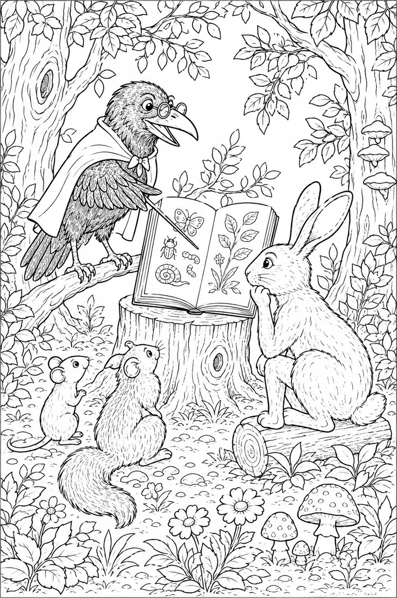 Ausmalbild: Rabe als Lehrer zeigt Hasen ein Buch im Wald