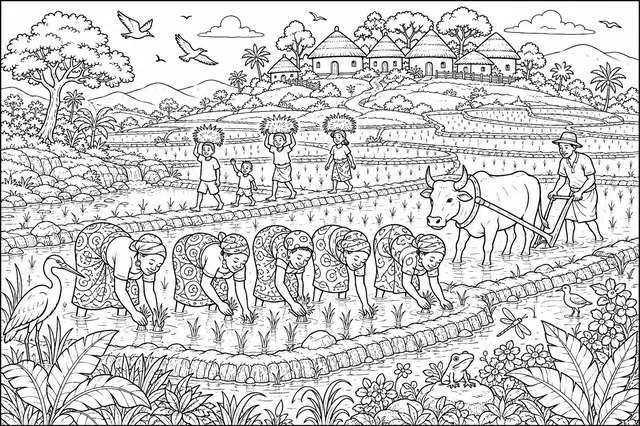 Rice Fields Panorama with Working Figures
