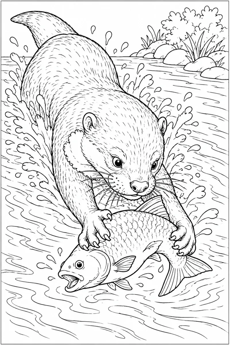 Ausmalbild: Riesenotter stürzt sich auf großen Fisch mit Spritzwasser