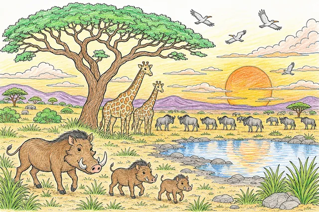 Ausmalbild: Afrikanische Savanne mit vielen Tieren beim Abendhimmel