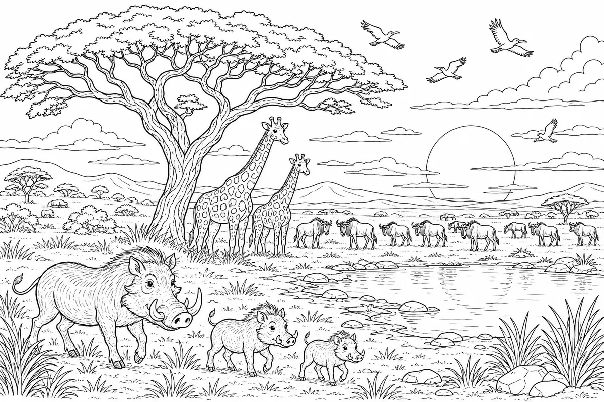 Ausmalbild: Afrikanische Savanne mit vielen Tieren beim Abendhimmel