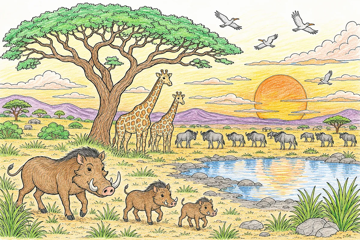 Savannen-Wimmelbild beim Sonnenuntergang