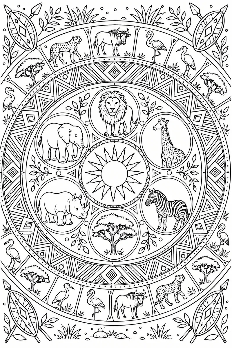 Ausmalbild: Aufwendiges afrikanisches Savanne-Mandala mit Tier-Motiven und Massai-Mustern