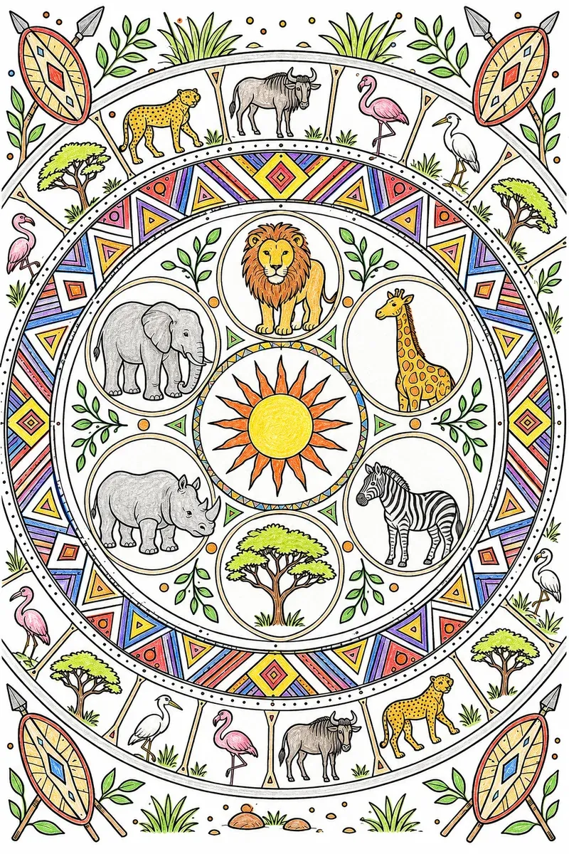Afrikanisches Savanne-Mandala mit Tier-Motiven