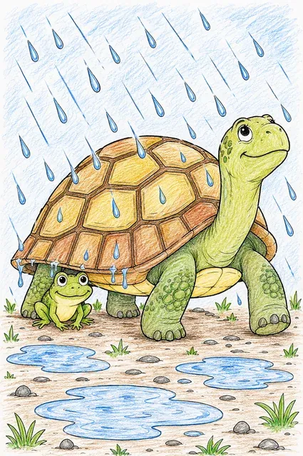 涂色页：乌龟在雨中行走，小青蛙在它的壳下躲雨