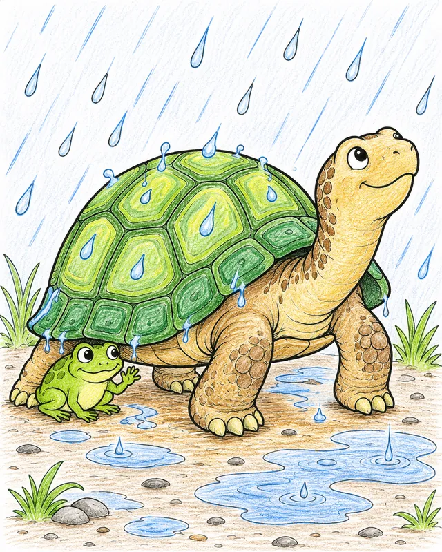 涂色页：乌龟在雨中行走，小青蛙在它的壳下躲雨