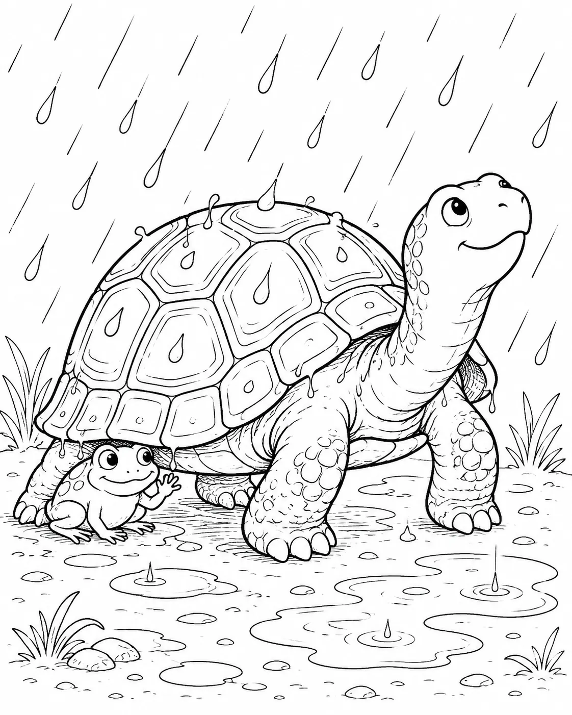 涂色页：乌龟在雨中行走，小青蛙在它的壳下躲雨