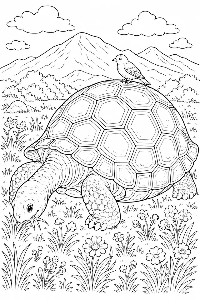 Riesenschildkröte grast gemächlich auf Hochland-Wiese
