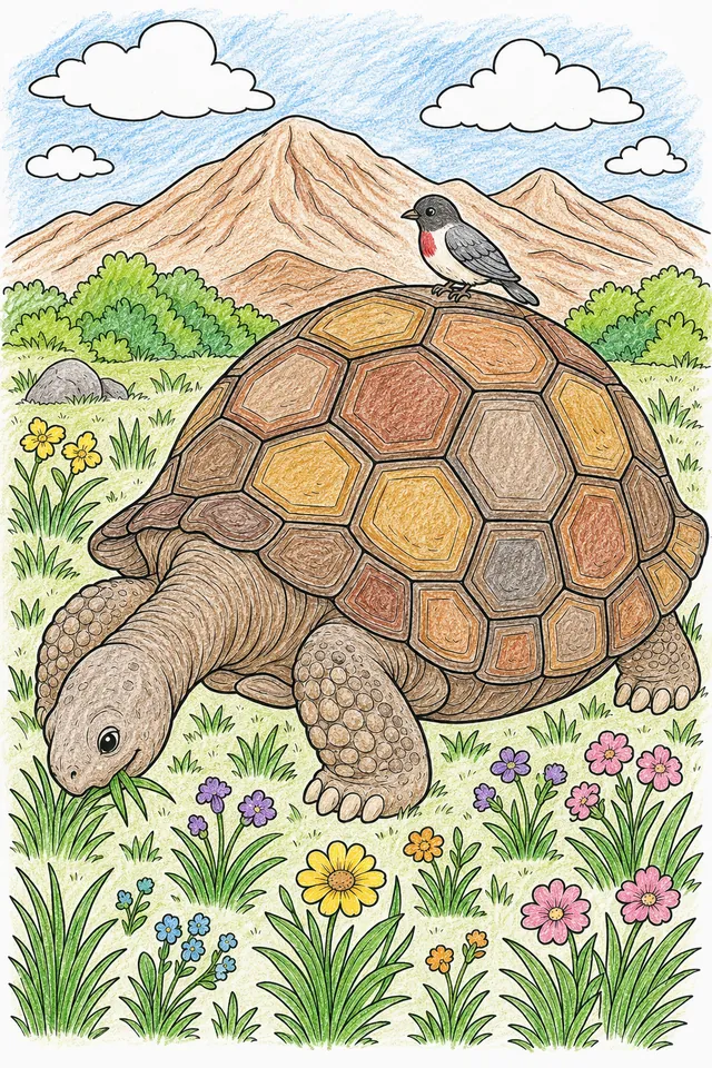 Ausmalbild: Alte Riesenschildkröte mit geometrischem Panzer grast auf Wiese