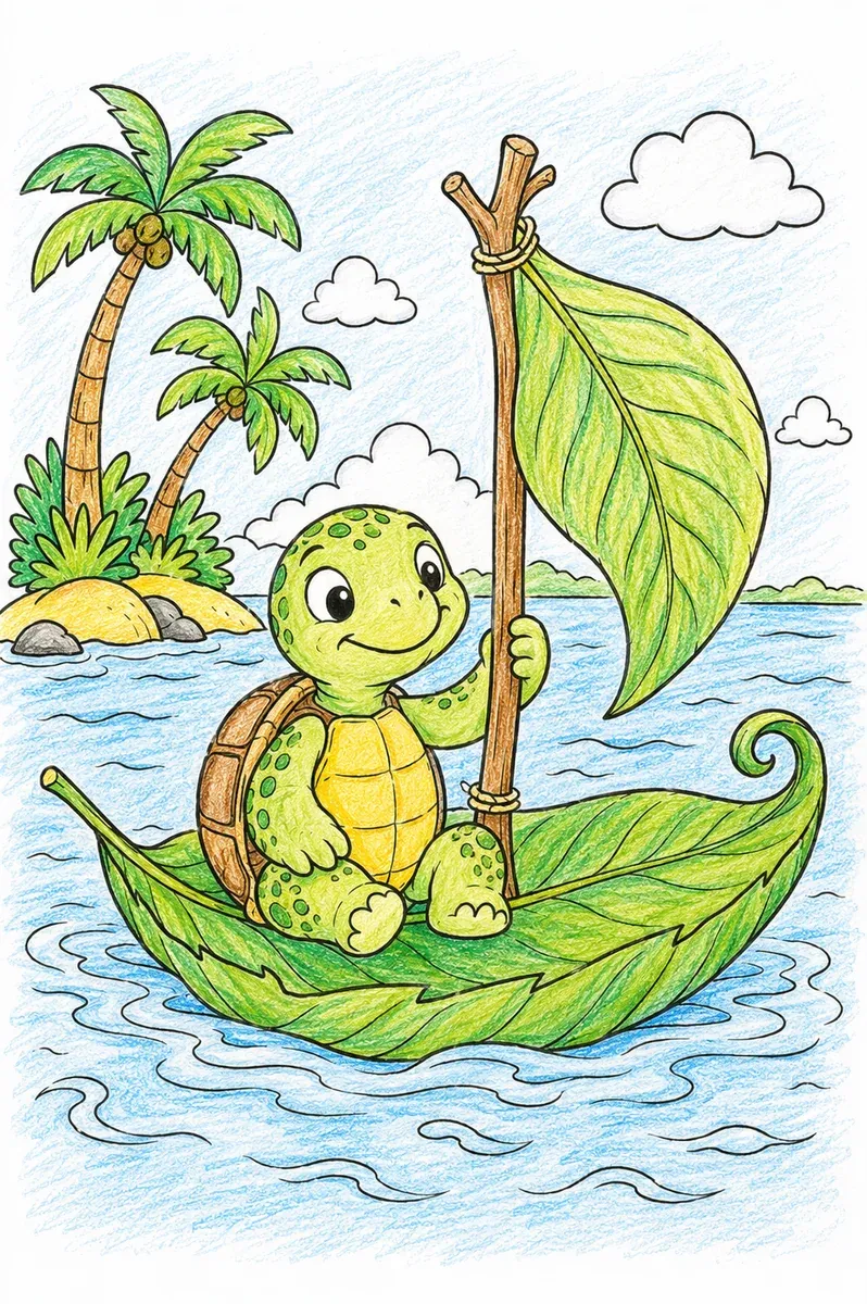 Schildkröte segelt auf einem Blatt-Boot über die Lagune