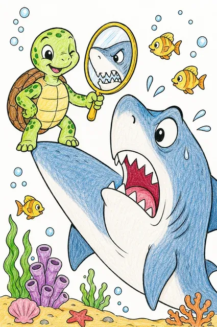 Ausmalbild: Schlaue Schildkröte hält Haifisch einen Spiegel vor und erschreckt ihn