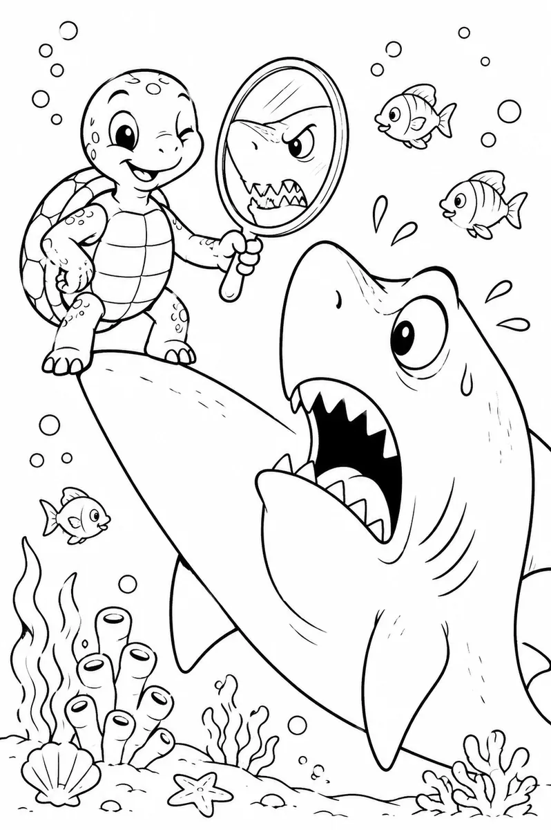 Ausmalbild: Schlaue Schildkröte hält Haifisch einen Spiegel vor und erschreckt ihn