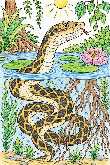 Ausmalbild: Amazonas-Wasserschlange gleitet halb eingetaucht durch Seerosenteich