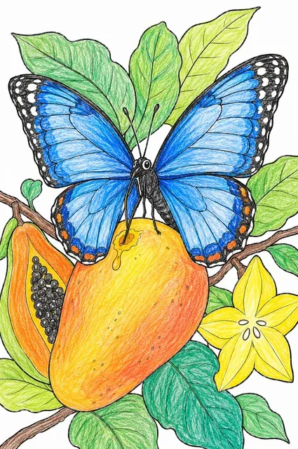 Ausmalbild: Farbenprächtiger Schmetterling mit gespreizten Flügeln trinkt von reifer Mango