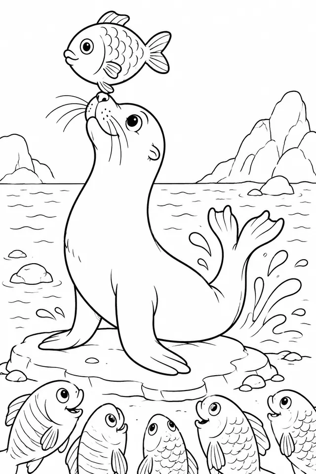 海狮用鼻子顶着一条鱼保持平衡