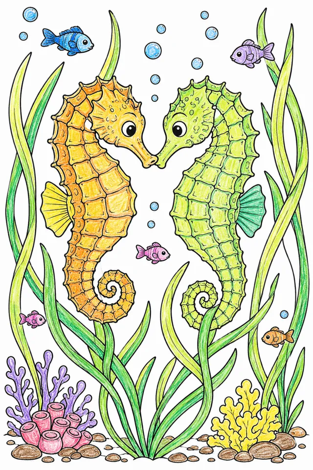 涂色页：两只海马在海草中一起共舞