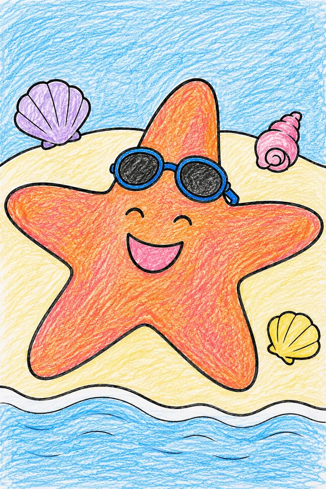 Ausmalbild: Lächelnder orangener Seestern mit Sonnenbrille auf weißem Sand