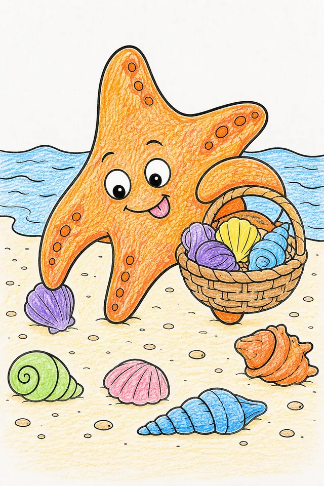 Ausmalbild: Freundlicher Seestern sammelt mit Körbchen verschiedene Muscheln am Sandstrand