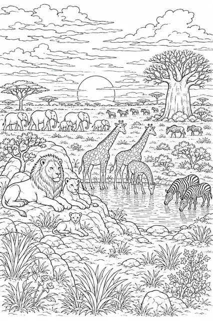 Bosque de acacias de la Serengeti en panorama del crepúsculo