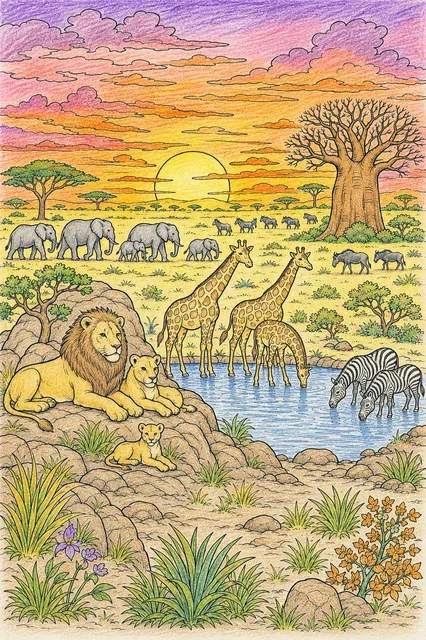 Colorear: panorama Serengeti con siluetas de animales contra dramático cielo crepuscular