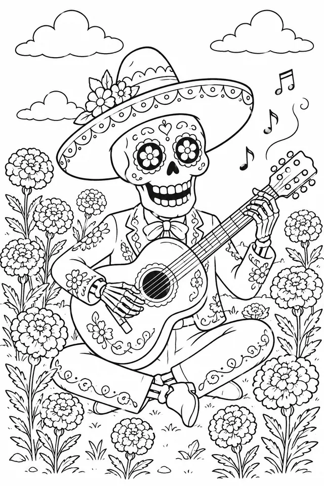 Skeleton Musician Playing Guitar in the Marigold Field