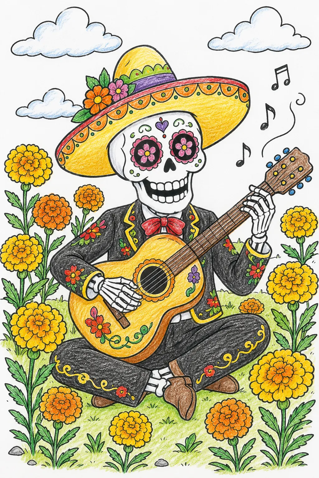 Skelett-Musiker spielt Gitarre im Marigold-Feld