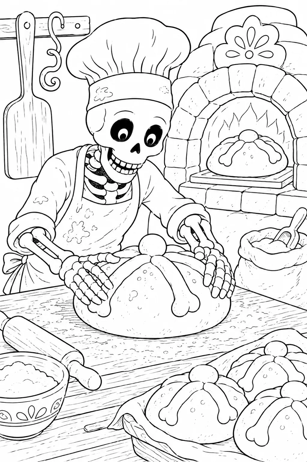 Coloring page: skeleton baker in apron shaping Pan de Muerto with bone-cross pattern