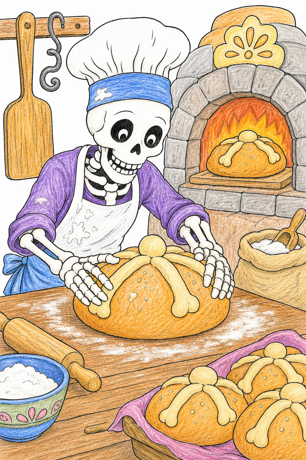 Skeleton Baker Shaping Pan de Muerto in the Oven
