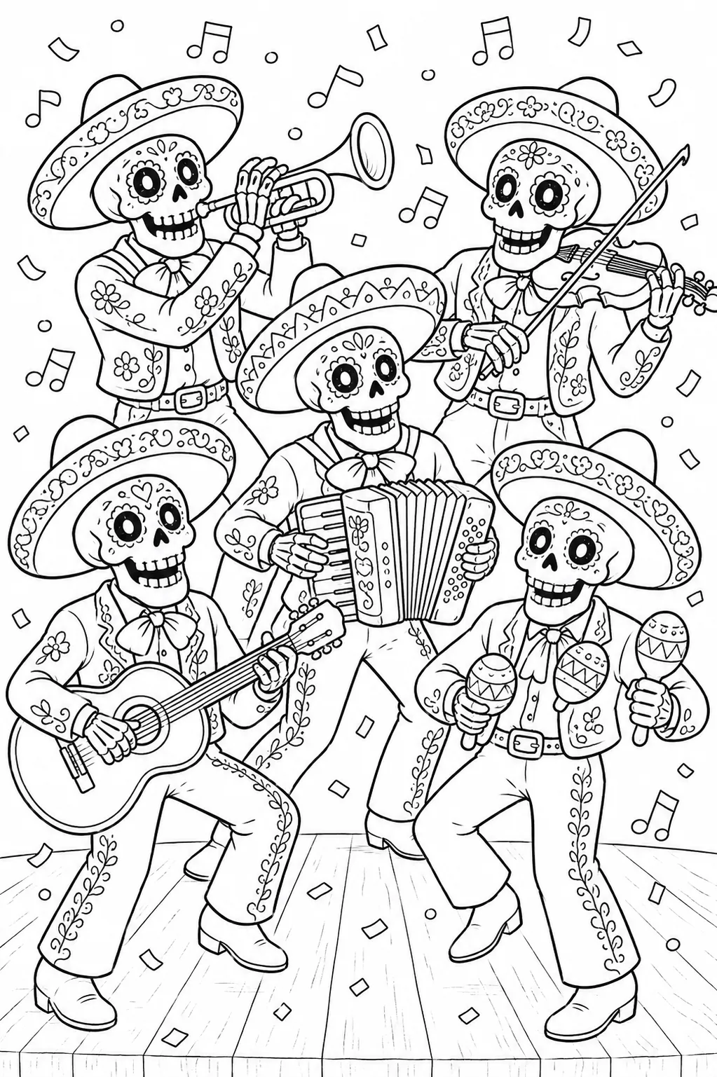 Ausmalbild: Fünf Skelett-Musiker mit Sombreros spielen Instrumente und tanzen