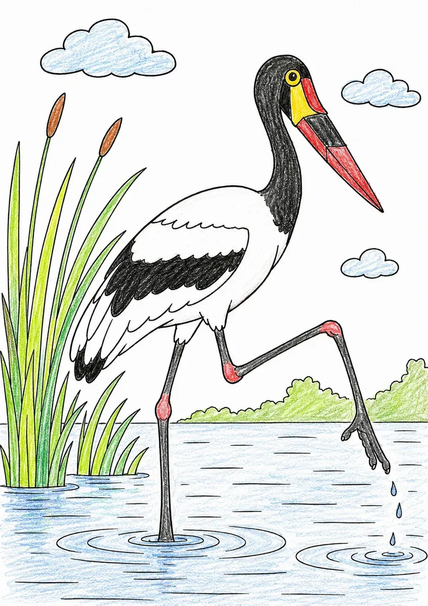 Storch marschiert stolz durch das Feuchtgebiet