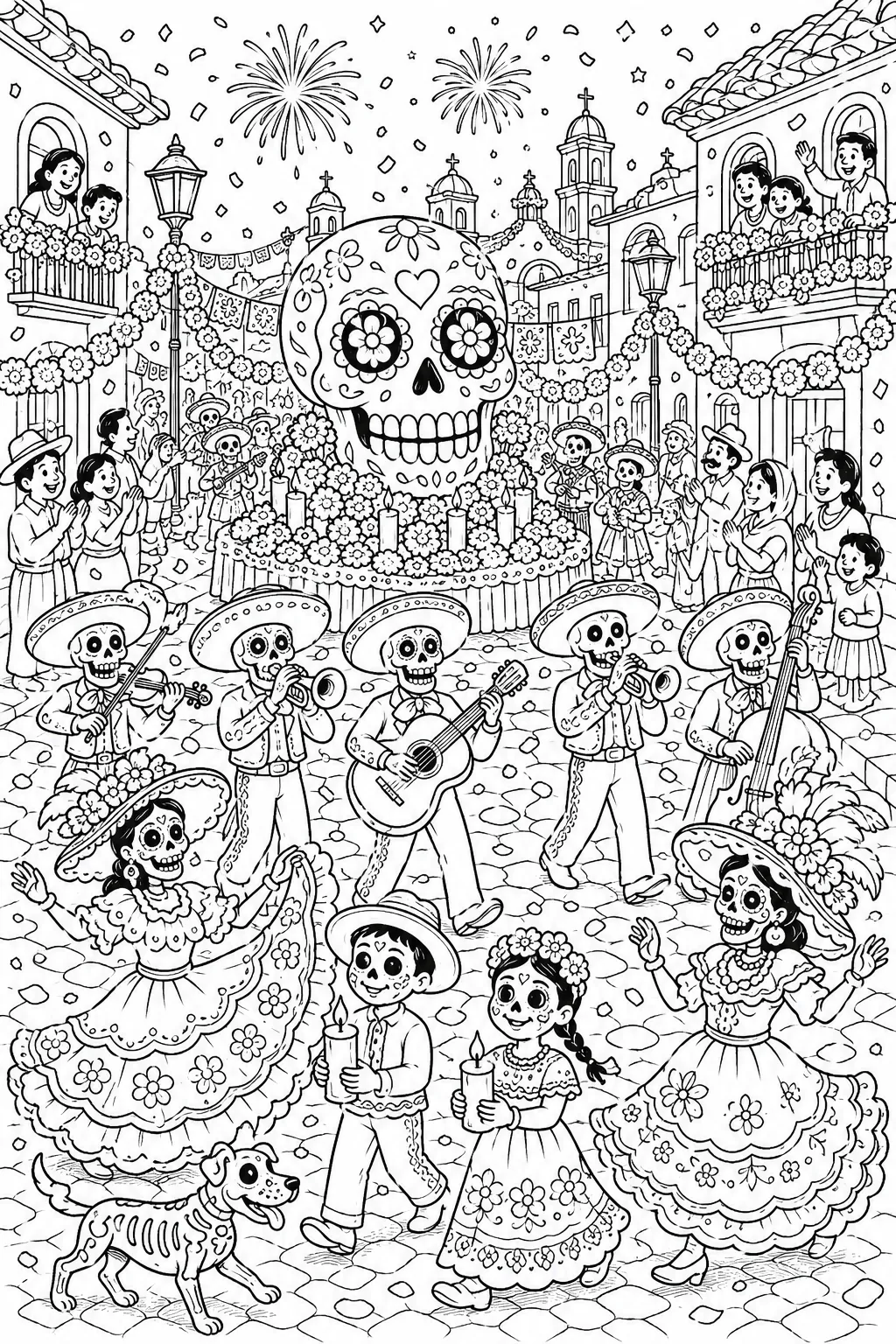Ausmalbild: Bunter Día de los Muertos Straßenzug mit Skeletten, Catrinas und Feuerwerk