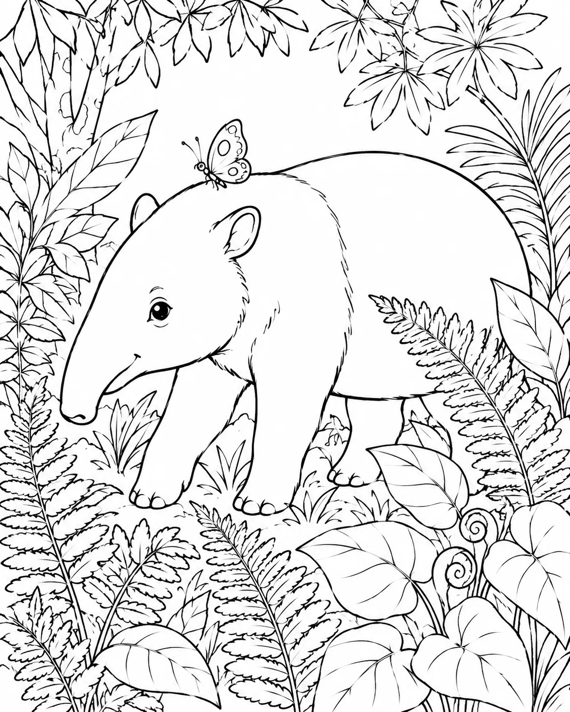 Ausmalbild: Tapir schlendert durch dichte brasilianische Dschungelvegetation