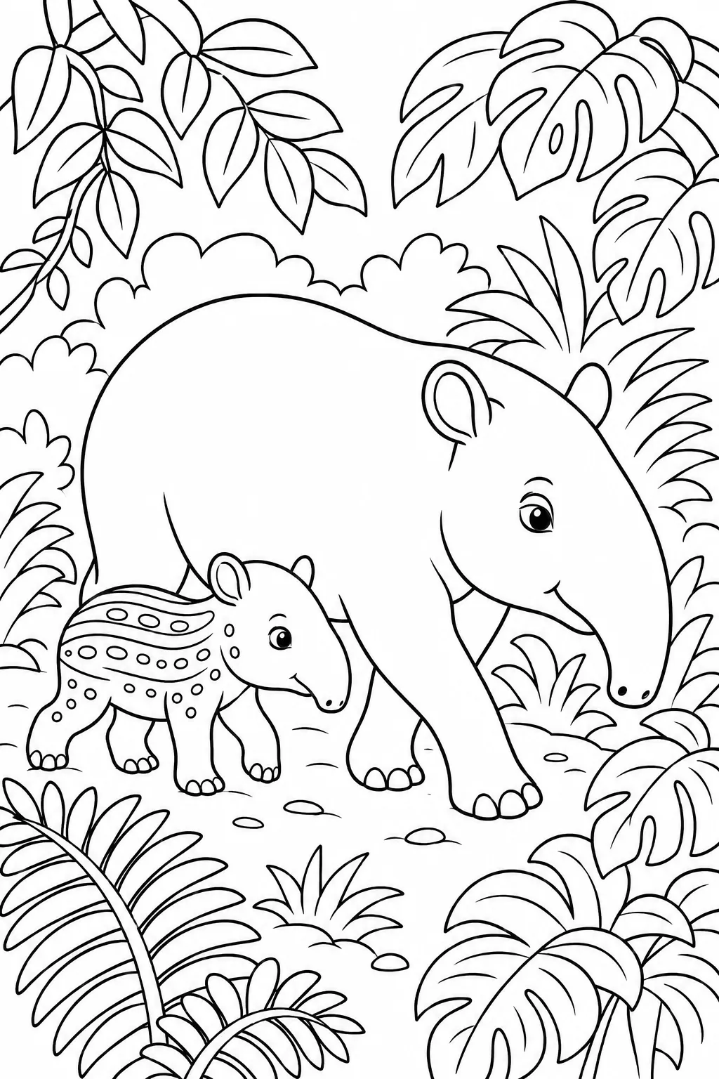 Ausmalbild: Tapir-Baby mit Streifenmuster folgt Mutter-Tapir durch Dschungelvegetation