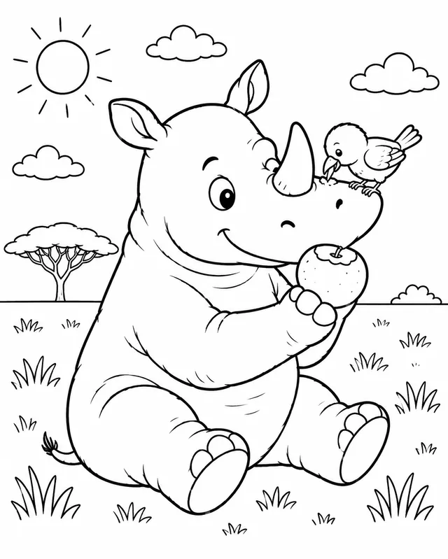 Nashorn und Vogel teilen ihr Frühstück